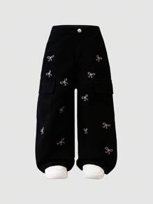 SHEIN Girls' Black Washed Casual Loose Fashion Cute Bow Embroidered Cargo Jeans With Multiple Pockets, Versatile And Stylish For Everyday Wear Fall Winter - Black - View 4