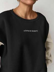 EURMUSE Cotton Pink Dark Grey Colorblock Oversize Fit Sweatshirt - Black - View 6
