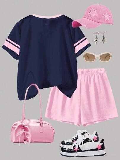 SHEIN Bộ 2 món cho bé gái tuổi teen, màu xanh navy và hồng, kiểu dáng thời trang đường phố, in số 95, cổ tròn, tay ngắn và quần short, thích hợp cho mùa hè, trang phục mùa thu khi ra ngoài, thoải mái, lớp áo mùa thu cho trẻ em, phong cách trẻ em, trang phục thường ngày, quần áo in hình cho trẻ em, đi học, trang phục mùa thu, lễ hội, thích hợp cho dã ngoại ngoài trời, chụp ảnh đường phố, ở nhà, trường học.