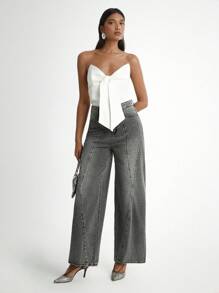 Daynim 女士休闲口袋阔腿宽松牛仔裤 - 淺灰色 - 查看 1