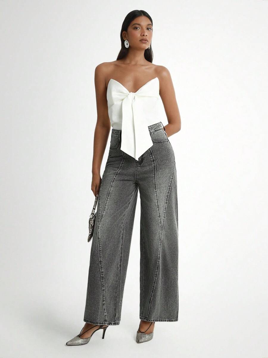 Daynim 女士休闲口袋阔腿宽松牛仔裤 - 淺灰色 - 查看 1