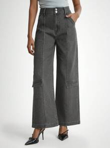 Daynim 女士休闲口袋阔腿宽松牛仔裤 - 淺灰色 - 查看 3