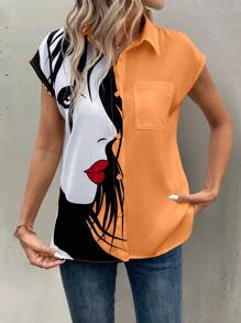 EMERY ROSE Áo sơ mi dáng rộng in họa tiết phong cách du lịch đường phố thoải mái cho nữ, tay cánh dơi, túi vá, mùa hè - trái cam - Xem 5