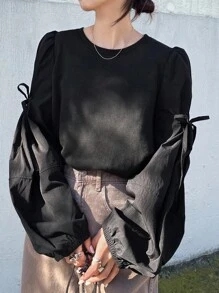 FRIFUL 女士纯色圆领蝴蝶结装饰灯笼袖宽松运动衫黑色衬衫系带前衬衫泡泡袖衬衫系带袖衬衫灯笼袖上衣秋冬 - 黑色 - 查看 2