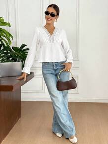 Serisse Women's French Solid Colour Lace V-Neck Long Sleeve Fashionable Shirt Cute Top  Fall Clothes For Women  Going Out Tops Women  Kawaii White Summer Casual White - White - View 5