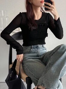 FRIFUL Femmes T-shirt ample à manches longues col rond en couleur noire unie, patchwork en tissu de maille transparente, coupe slim, automne - Noir - Voir 1