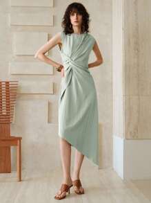 EMERY ROSE Vestido gris azul de longitud media sin mangas con diseño de pliegues retorcidos asimétricos en la cintura y bajo asimétrico, para uso diario, trabajo, regreso a clases, atuendos de maestras y vestimenta casual de negocios para mujer en verano - Azul - Ver 6