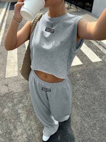 SHEIN EZwear Women's Casual Crew Neck Sleeveless Loose Cropped Tank Top And Straight Leg Pants Set, Suitable For Summer, Everyday Wear Fall Clothes Winter Clothes - Light Grey - View 1