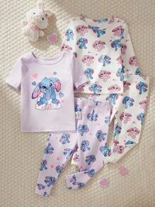 Conjunto de 4 piezas de pijama casual y ajustado para bebés niñas, con estampado de dibujo de Stitch, ropa cómoda para estar en casa para Halloween, primavera/otoño/invierno - Multicolor - Ver 4