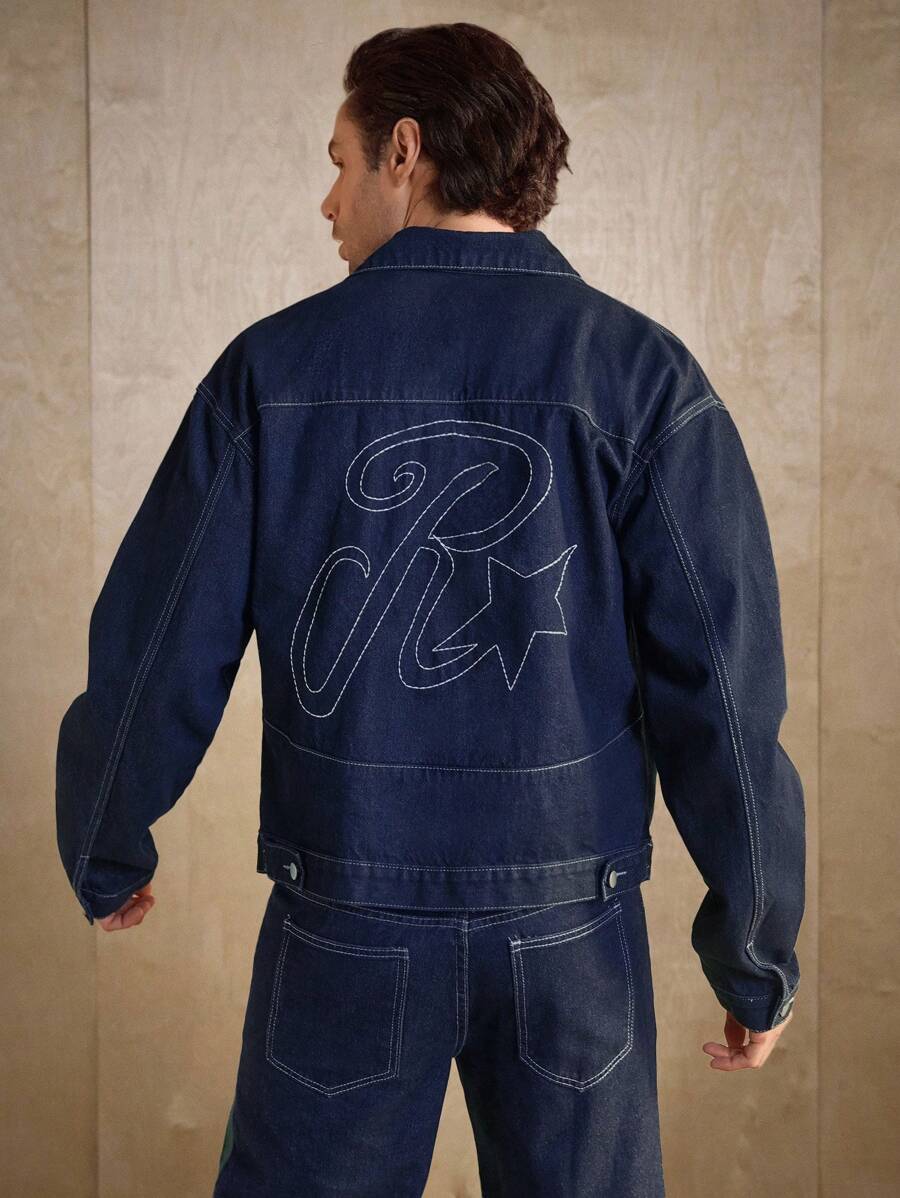 Manfinity Homme Men's Casual Loose Fit Embroidered Blue Denim Jacket, Street Style, Fall - Dark Wash - View 1