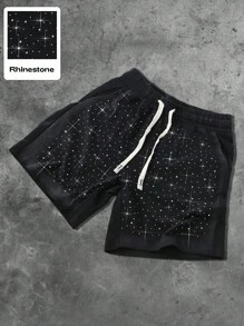 ROMWE MEN Street Life Unisex Rhinestone Spray Painted Design Casual Shorts - Black - View 1