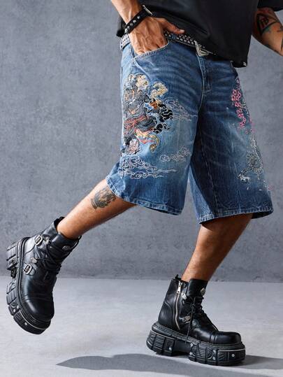 Anime شورتات جينز فضفاضة كاجوال مطرزة بالأزهار والتنين