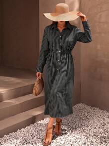 EURMUSE Vestido camisero maxi con detalles de botones y cinturón de cordón, con apariencia de lino y estilo casual desenfadado - Negro - Ver 3