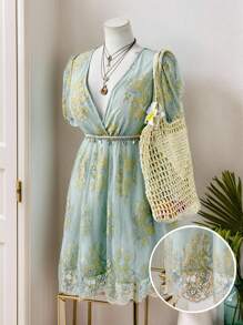 Flirla 大码女式夏季双色蕾丝透视腰收腰短袖连衣裙 - 綠色 - 查看 1
