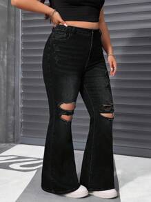 Quần jeans ống loe rách co giãn màu xanh đậm mùa hè cỡ lớn cho nữ - màu đen - Xem 4