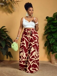 Slaydiva Plus Size Women's Vacation Style All-Over Print High Waist Belted Loose Wide Leg Pants - Burgundy - View 4