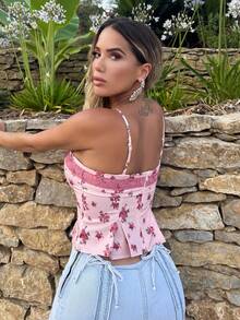 Manon Tanti Top camisola sexy com babados e renda floral multicolorida, adequado para primavera, verão e outono - Rosa - Ver 2