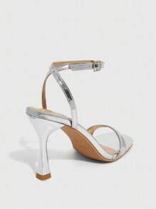 CUCCOO SZL 女士时尚银色简约踝带高跟方头凉鞋，适合通勤、约会和派对 - 銀色 - 查看 10