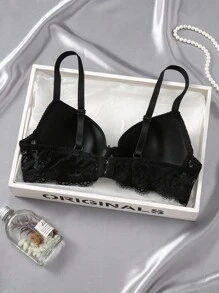 SHEIN 1件蕾丝拼接性感聚拢浪漫无钢圈文胸，适合小胸女性，蕾丝聚拢文胸，半罩杯文胸，内衣文胸 - 彩色 - 查看 2