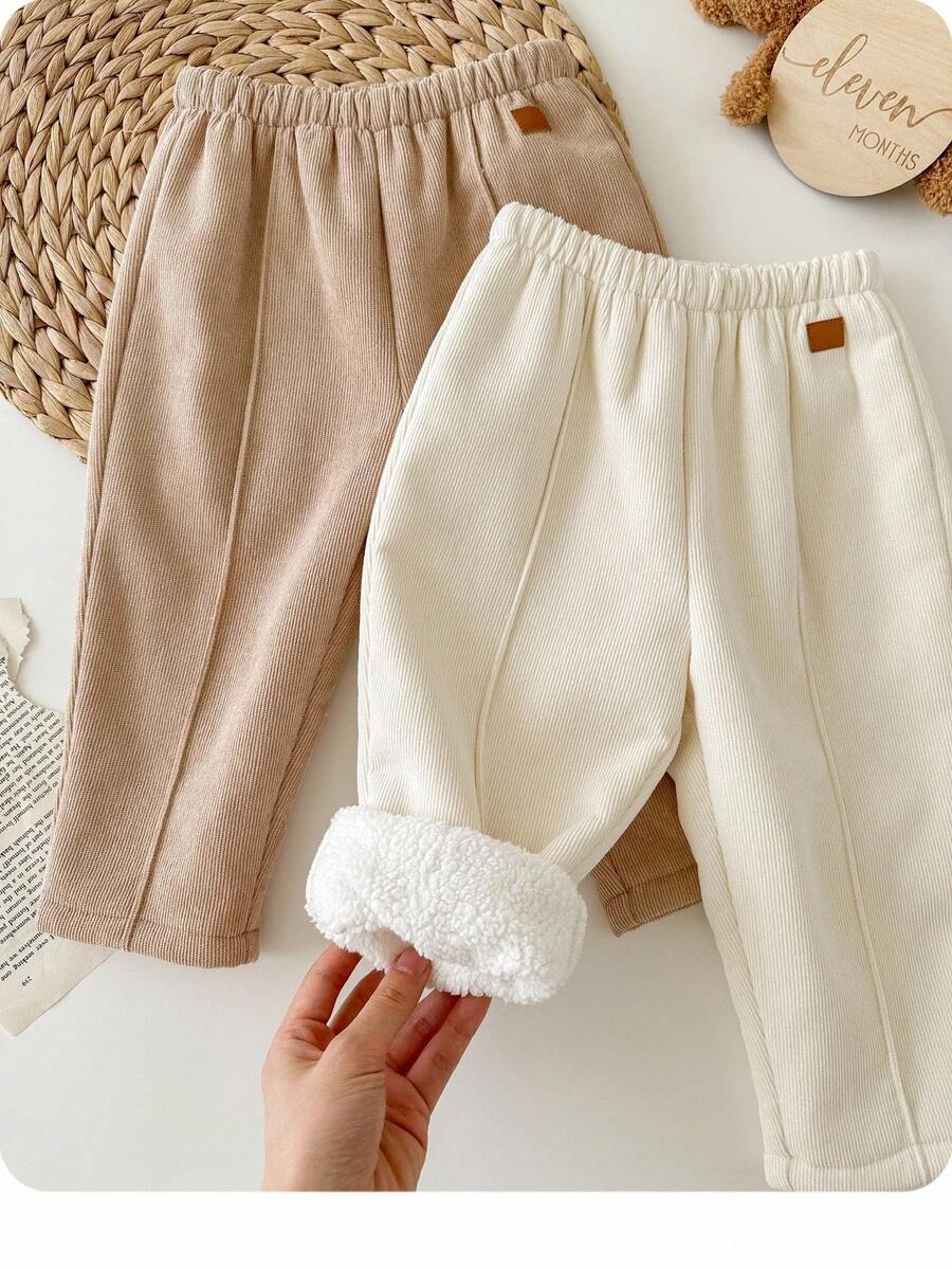 SHEIN 2件套女婴灯芯绒纯色保暖内衬松紧腰裤，秋冬