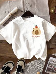 4 件装年轻女孩休闲可爱水豚图案圆领短袖基本款 T 恤，适合春夏季、凉爽夏季、度假氛围、夏季户外、轻松舒适、年轻女孩秋季分层穿着、时尚年轻女孩、休闲装、年轻女孩图案服装、秋季服装水豚衬衫儿童水豚 T 恤女童水豚上衣可爱水豚儿童 T 恤幼儿水豚衬衫 - 彩色 - 查看 4