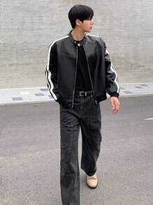 DAZY Men's Autumn Jacket And Coat With Decorative Lines, PU Fabric, Black