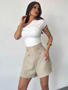 Firerie Short femme élégant et minimaliste à taille haute avec boucle métallique, rayures kaki ample. Convient pour le trajet domicile-travail, l'usage quotidien, le bureau, l'aéroport, les voyages et les sorties - Kaki - Voir 9