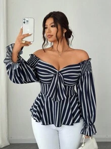 Elenzga Plus Size Off-Shoulder Long Sleeve Casual Vacation Blouse Fall Cloth For Women - Navy Blue - View 4