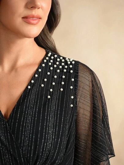 Flouryn Plus Size Women's Elegant Silver Metallic Textured V-Neck Pearl Decor Ruffle Sleeve Long Wrap Dress With Slit Hem, Suitable For Parties  Formal Dress  Formal Women Dresses Party  Elegant Women Dresses  Birthday Women Outfits  Fall Clothes Black Sparkle Dress Black Mesh Dress Embellished Dress Black Formal Dress