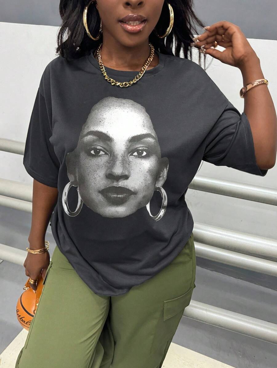 INAWLY Solva Plus Size Portrait Print Casual Summer Holiday Round Neck Short Sleeve T-Shirt