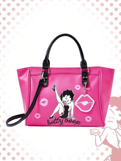 Betty Boop | ROMWE Women Cartoon Figure Graphic Pink Motorcycle Bag Fitness Commuting Tote Bag Soft Leather Travel Bag Eyelet Bombshell Bag