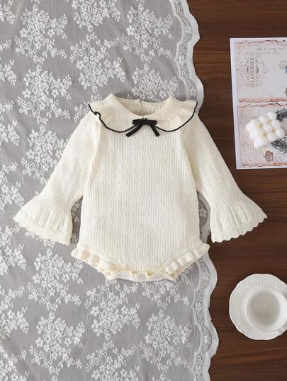 SHEIN Baby Girls Sweater Onesies, Infant Toddler Pullover Knitted Long Sleeve Sweater Romper Jumpsuit, Comfortable For Autumn/Winter, Cute & Stylish, Apricot, Fresh & Elegant, Suitable For Daily Wear, Outings, Travel
