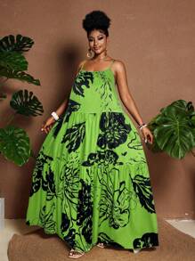 Maweii Plus Size Summer Floral Print Ruffle Hem Loose Strap Dress - Multicolor - View 5