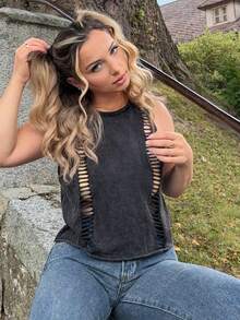 Jeta Ari Plain Knitted Cropped Washed Tank Top For Women - Black - View 4