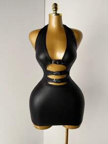 Mistrie Women's New Style Lace-Up Rhinestone Embellished Sexy Leather-Trimmed Velvet-Lined Dress – Perfect For Daily Gatherings, Wild Parties, And Sensual Outfits - Black - View 9