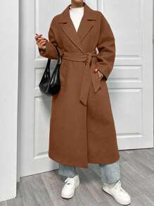 EURMUSE Lapel Neck Double Breasted Slant Pocket Waist Belt Tie-Up Woolen Overcoat - Mocha Brown - View 6