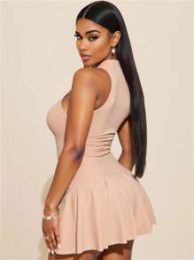 Zolique Solid Color Zipper Half Front Fashionable Tank Top And Solid Color Pleated Skirt Pants Set, Academic Sexy And Playful Style - Khaki - View 2