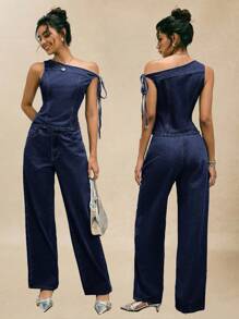 Easelle 牛仔上衣搭配露肩西装 牛仔裙搭配洗水西装 - 藍色 - 查看 3