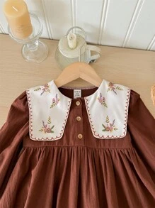 SHEIN LMoss Kids Vestido de manga comprida com gola Peter Pan e estampa floral vintage LMoss Baby Girl, outono/inverno - Ferrugem Marrom - Ver 4