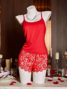 SHEIN 露背蕾丝网纱拼接性感吊带背心&短款睡衣套装 - 紅色 - 查看 6
