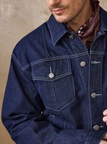 Manfinity Homme Men's Casual Loose Fit Embroidered Blue Denim Jacket, Street Style, Fall - Dark Wash - View 2