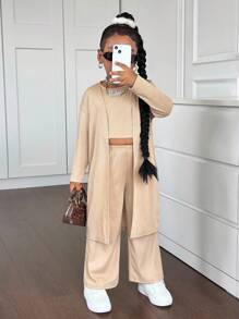 Young Girl Casual Knit Elastic Khaki Long Jacket, Elastic Waist Long Pants, And Tank Top 3-Piece Set - Khaki - View 1