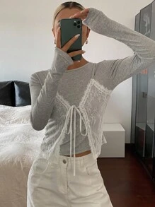 DAZY Áo hai dây ren chắp vá 2 trong 1 cổ tròn tay dài ôm vừa vặn thường ngày cho nữ, quần áo mùa xuân/thu, mùa thu cho nữ - Xám - Xem 3