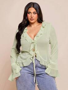 SHEIN BAE Bluză elegantă din șifon pentru femei, mărime plus, de primăvară timpurie, cu tiv cu volane, mânecă lungă, potrivită pentru întâlniri romantice, ieșiri cu prietenii, activități de vacanță și ieșiri elegante de zi cu zi.