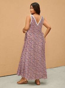 Elaquor 大码休闲度假花卉蕾丝拼布侧系带连衣裙 - 粉色 - 查看 2