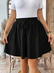 SHEIN LUNE Plus Size Women's Solid Color Knotted Wide Leg Casual Loose Shorts Black Shorts Wide Leg Shorts Elastic Waist Shorts Black Skirt With Shorts Casual Shorts Shorts With Elastic Waist,Fall Clothes For Women