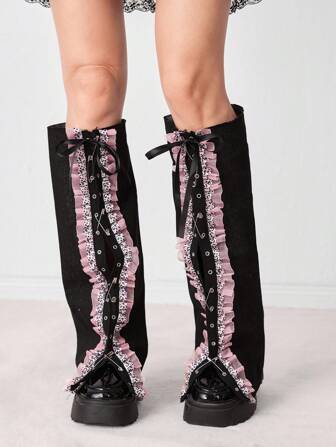 Grunge Punk 1 Pair Punk Rock Leopard Print Safety Pin Decor Leg Warmers, Y2K Style Lace-Up Lace Trim Solid Black Knee High Leg Warmers, Personalized Slimming, Suitable For Daily, Festivals And Parties