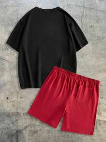 EASEVO Plus Size Men Casual Knit Short Sleeve T-Shirt & Shorts Set, Suitable For Summer - Black - View 11