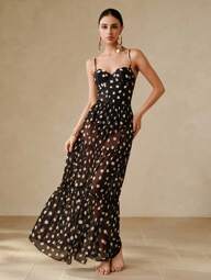 Swim Oasis New Sexy Tight Black & White Polka Dot Print Spaghetti Strap Push-Up Underwire One-Piece, Vacation Beach Crop Top & Skirt 2 Pieces Set