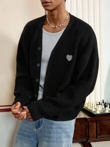 SWAVVY Men's Fashion Heart Pattern Drop Shoulder Long Sleeve Single-Breasted Knit Cardigan , Fall Winter, Grunge Style - Black - View 5
